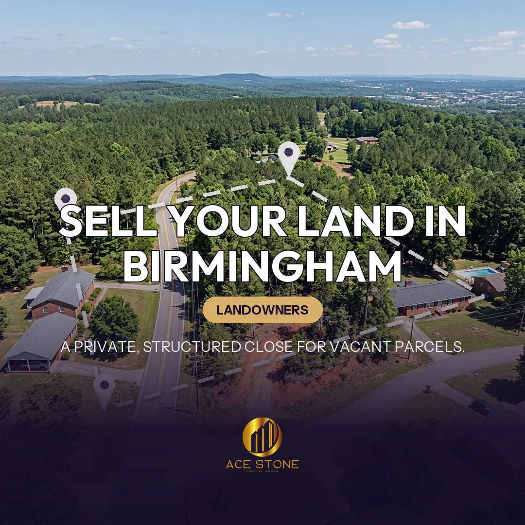 Editorial cover for AceStone Capital Group's land acquisition pathway in Birmingham, Alabama, showing vacant residential land.