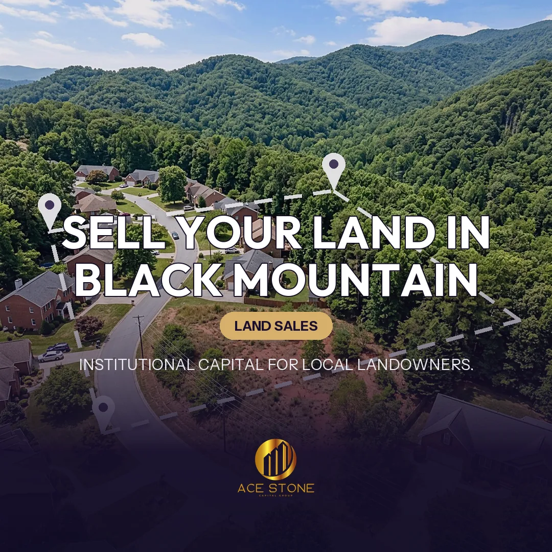 Editorial cover for AceStone Capital Group's land acquisition pathway in Black Mountain, North Carolina, showing vacant residential land.