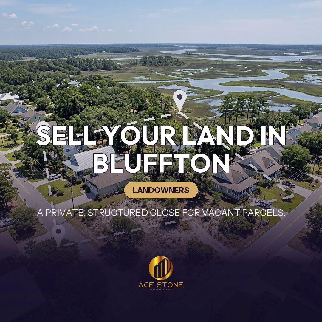 Editorial cover for AceStone Capital Group's land acquisition pathway in Bluffton, South Carolina, showing vacant residential land.