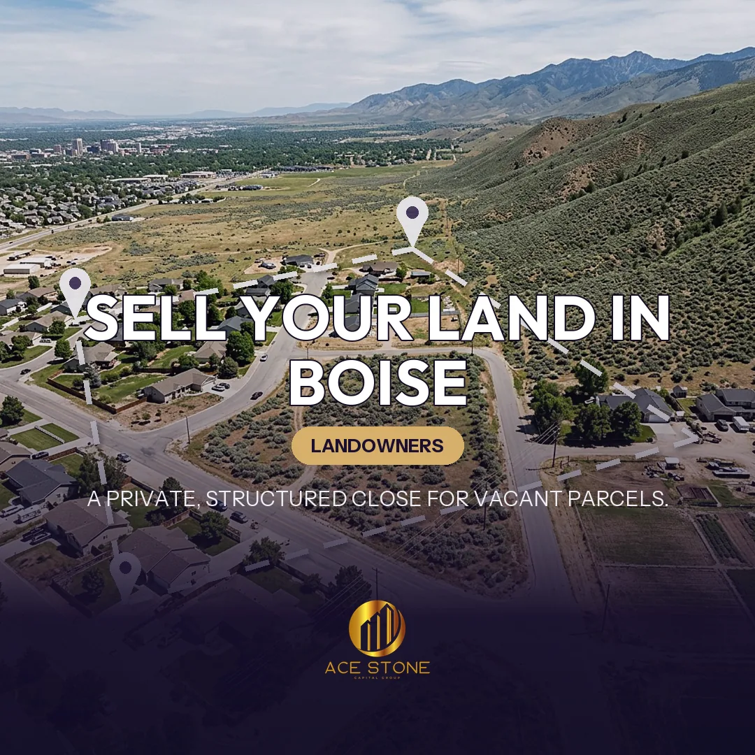 Editorial cover for AceStone Capital Group's land acquisition pathway in Boise, Idaho, showing vacant residential land.