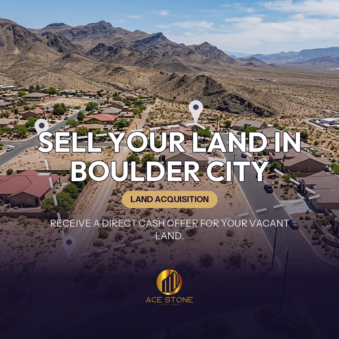 Editorial cover for AceStone Capital Group's land acquisition pathway in Boulder City, Nevada, showing vacant residential land.
