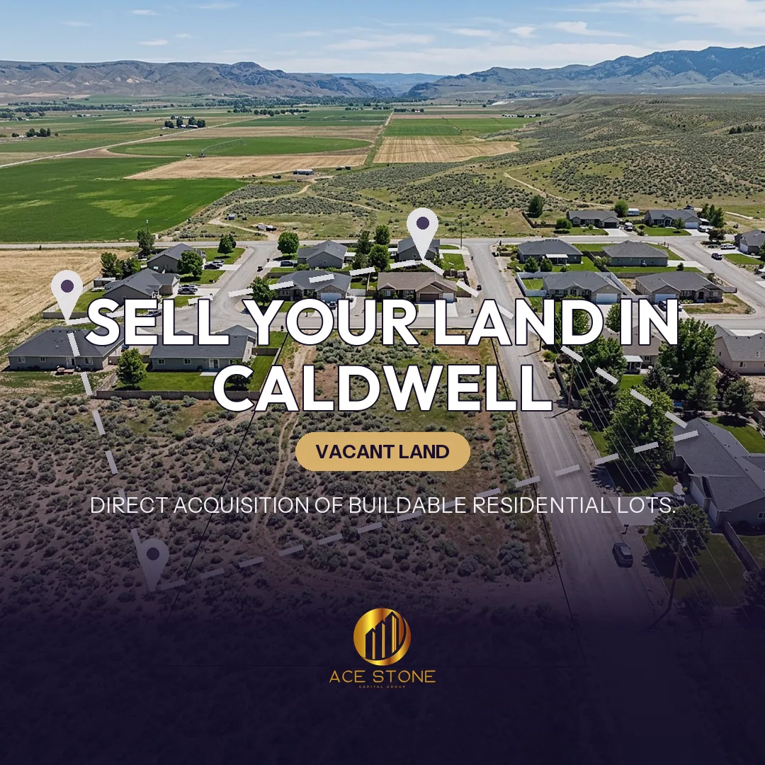 Editorial cover for AceStone Capital Group's land acquisition pathway in Caldwell, Idaho, showing vacant residential land.