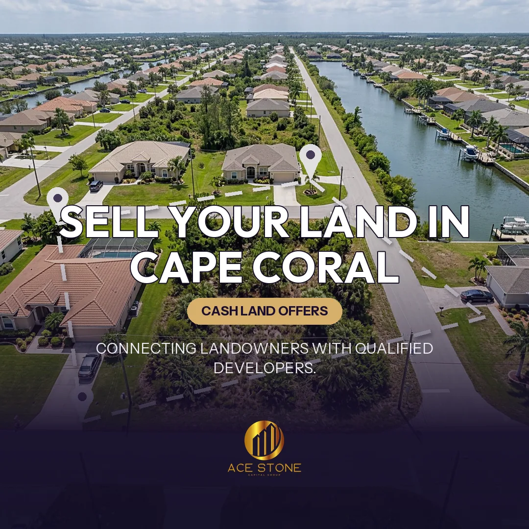 Editorial cover for AceStone Capital Group's land acquisition pathway in Cape Coral, Florida, showing vacant residential land.