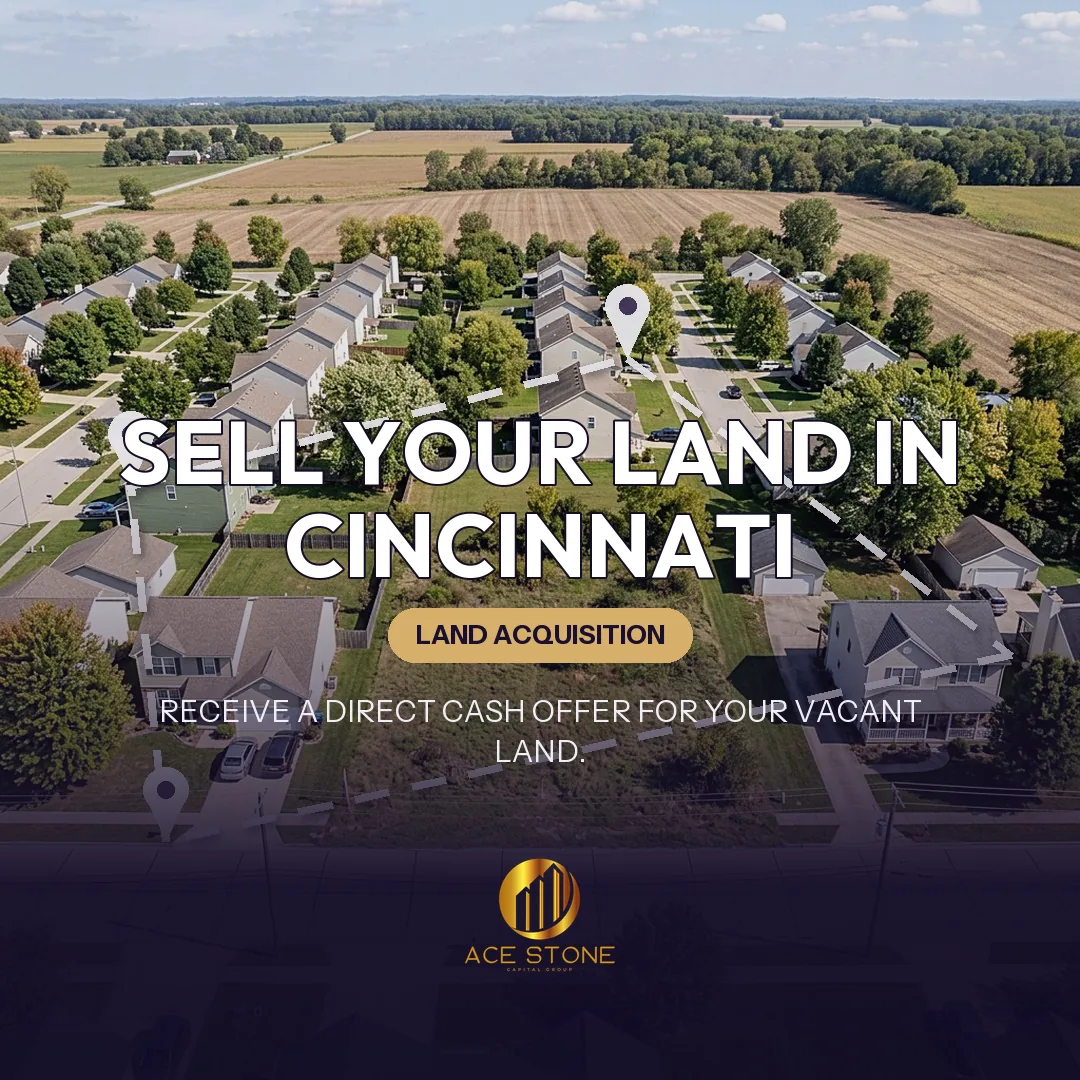 Editorial cover for AceStone Capital Group's land acquisition pathway in Cincinnati, Ohio, showing vacant residential land.