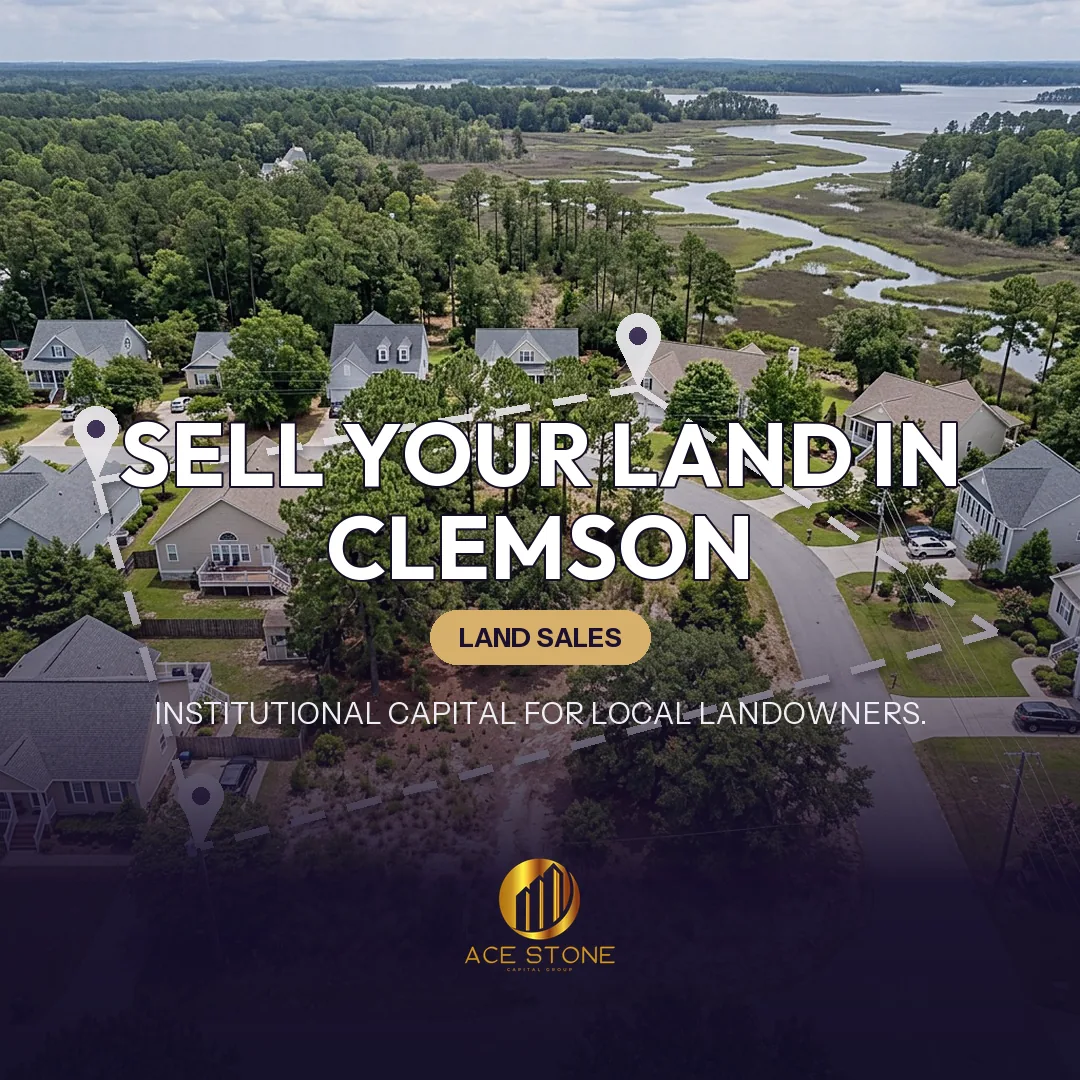 Editorial cover for AceStone Capital Group's land acquisition pathway in Clemson, South Carolina, showing vacant residential land.