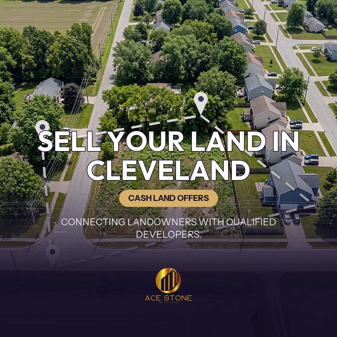 Editorial cover for AceStone Capital Group's land acquisition pathway in Cleveland, Ohio, showing vacant residential land.