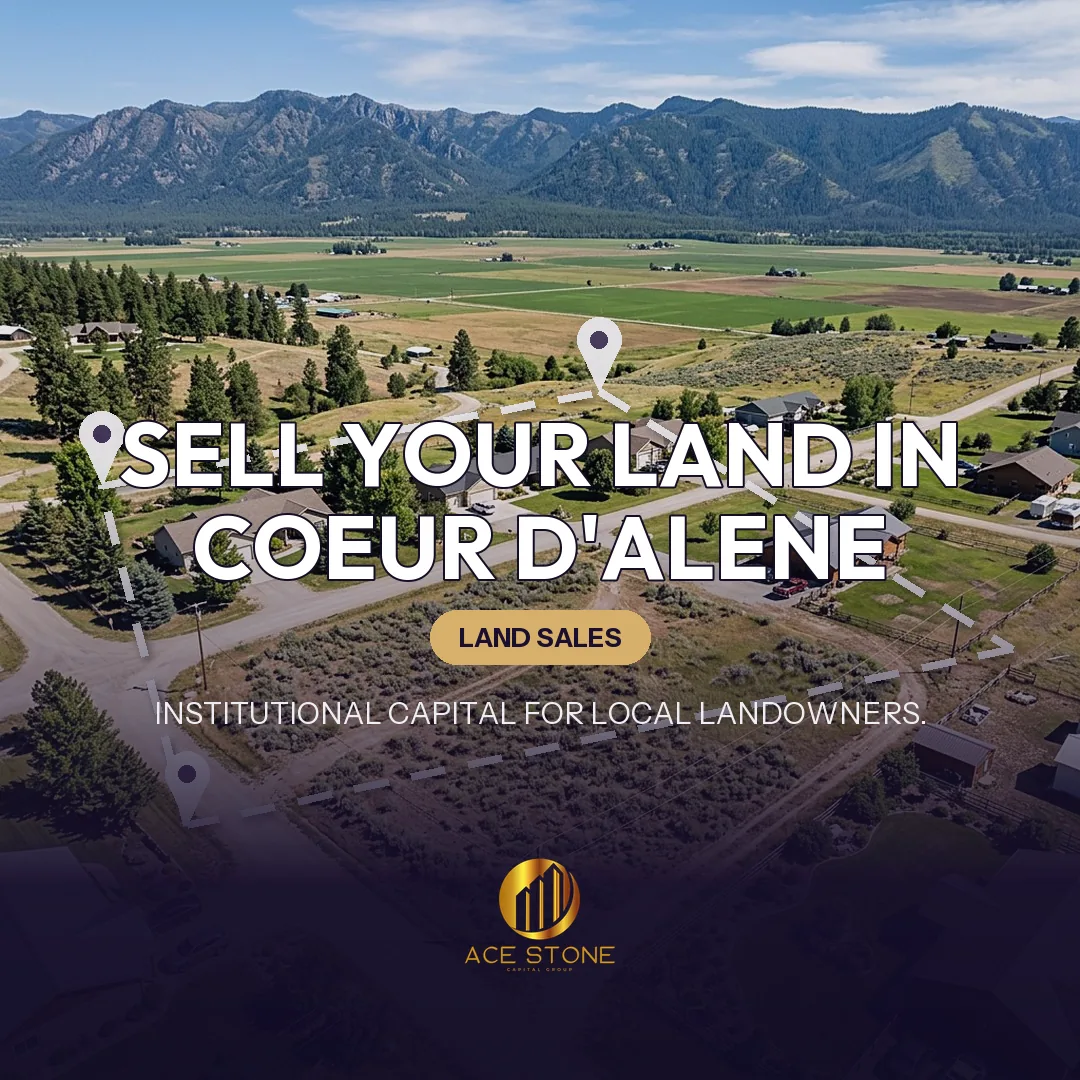 Editorial cover for AceStone Capital Group's land acquisition pathway in Coeur d'Alene, Idaho, showing vacant residential land.