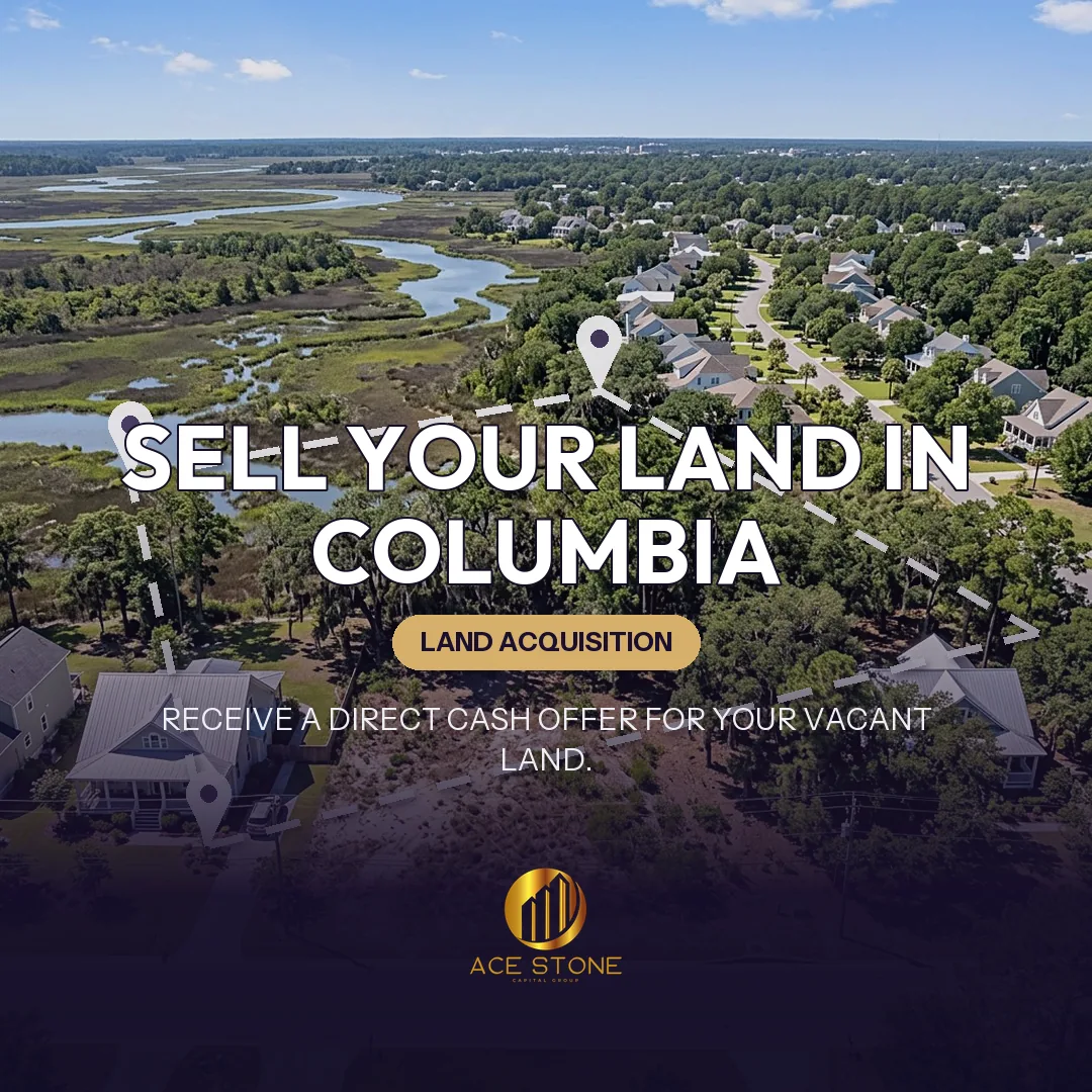 Editorial cover for AceStone Capital Group's land acquisition pathway in Columbia, South Carolina, showing vacant residential land.