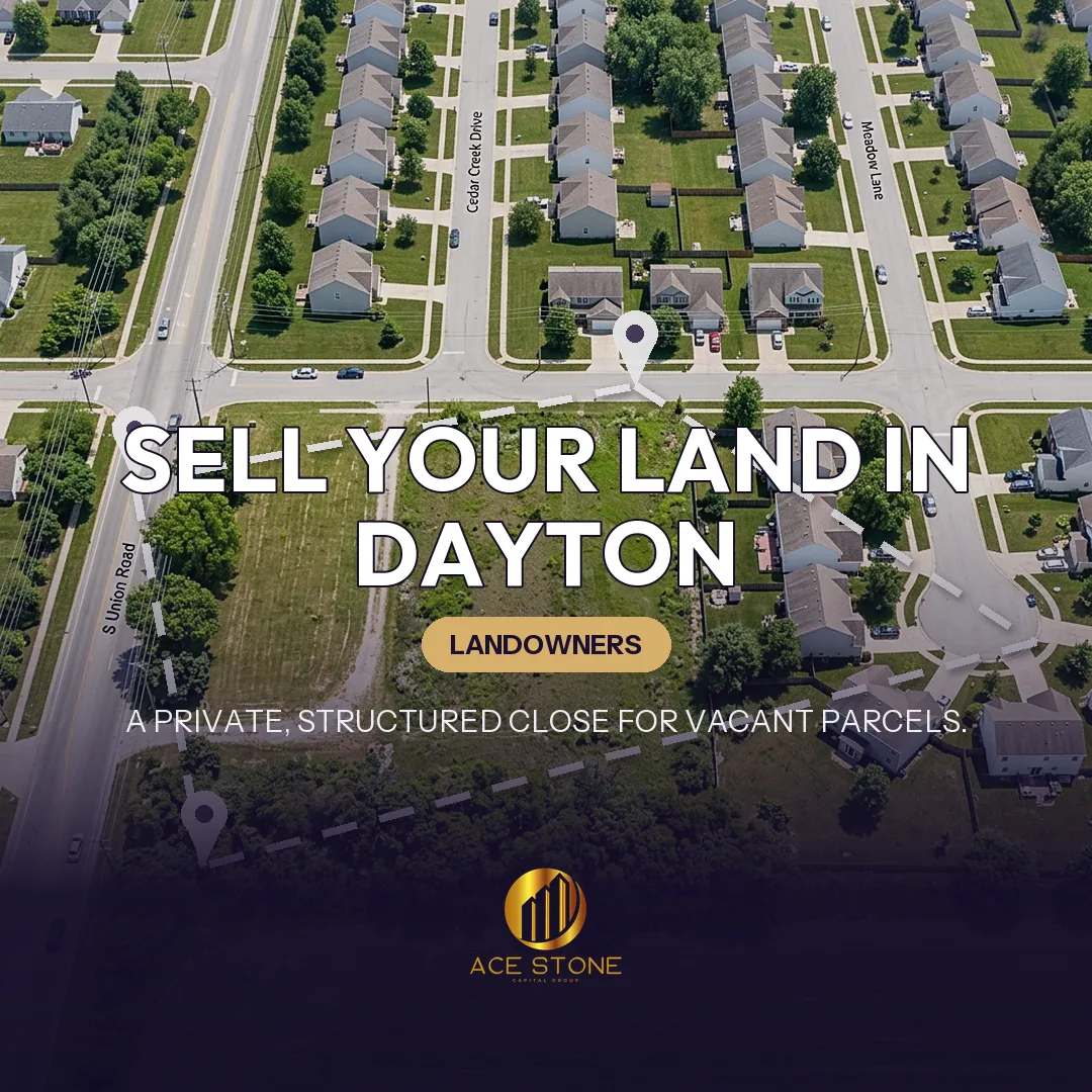 Editorial cover for AceStone Capital Group's land acquisition pathway in Dayton, Ohio, showing vacant residential land.
