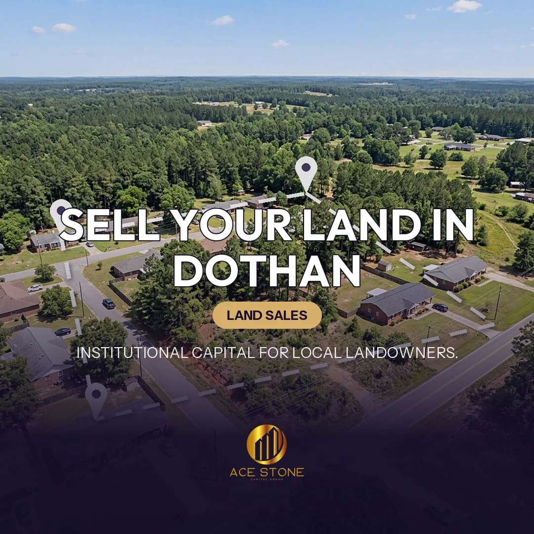 Editorial cover for AceStone Capital Group's land acquisition pathway in Dothan, Alabama, showing vacant residential land.