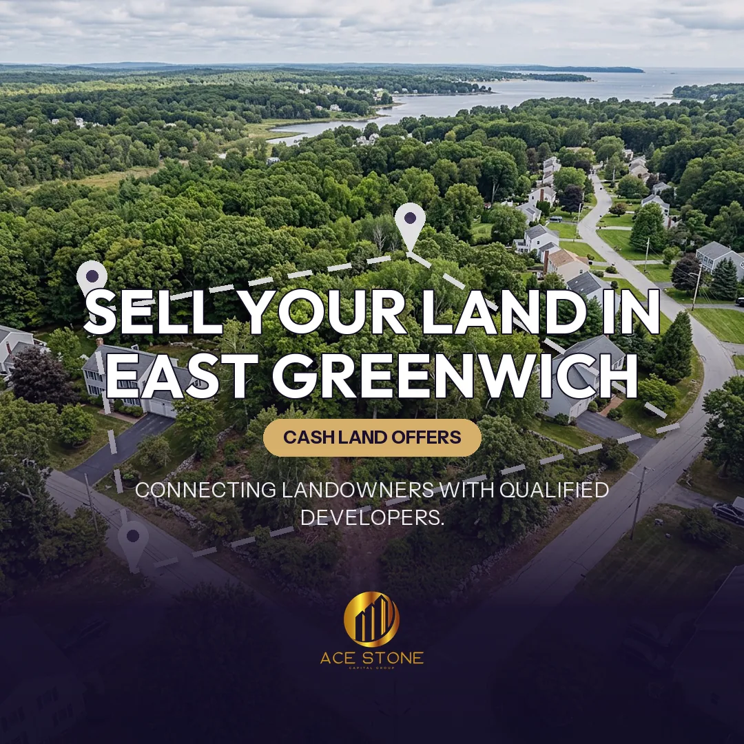 Editorial cover for AceStone Capital Group's land acquisition pathway in East Greenwich, Rhode Island, showing vacant residential land.