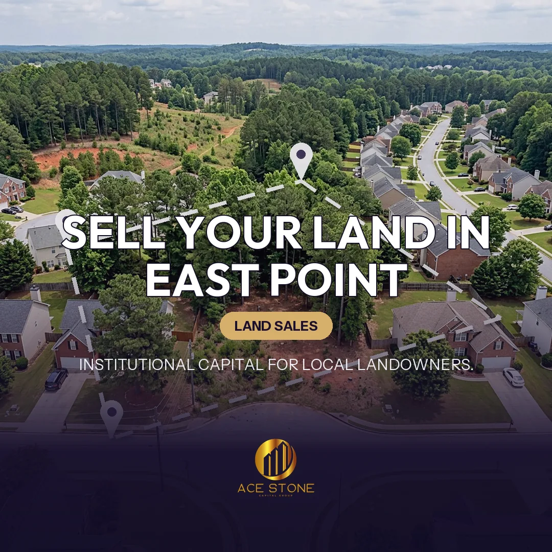 Editorial cover for AceStone Capital Group's land acquisition pathway in East Point, Georgia, showing vacant residential land.