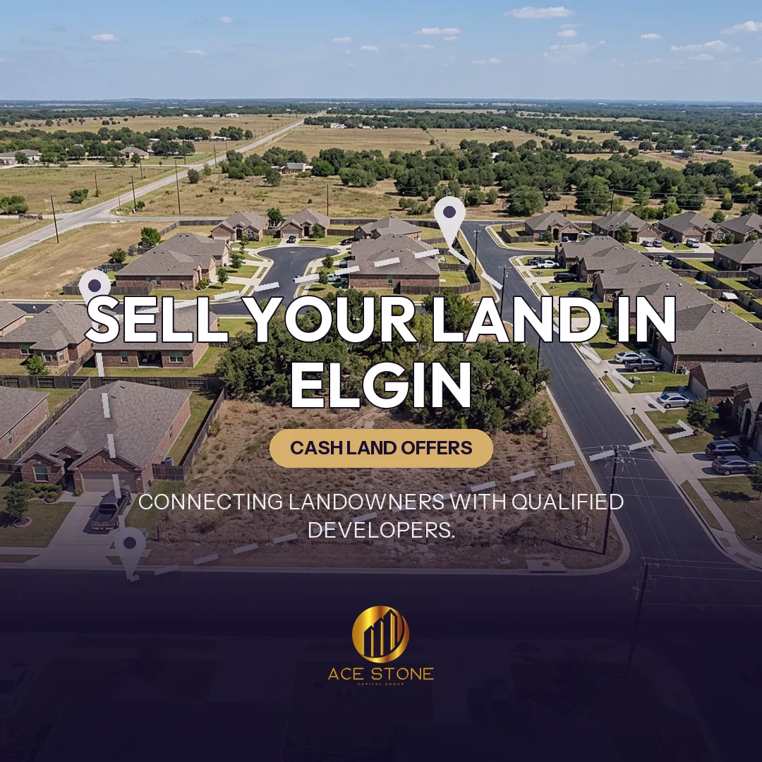 Editorial cover for AceStone Capital Group's land acquisition pathway in Elgin, Texas, showing vacant residential land.