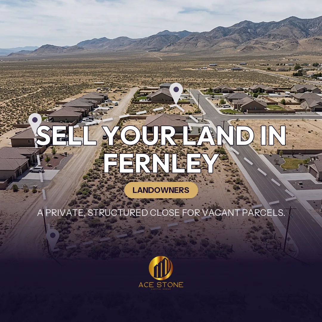 Editorial cover for AceStone Capital Group's land acquisition pathway in Fernley, Nevada, showing vacant residential land.