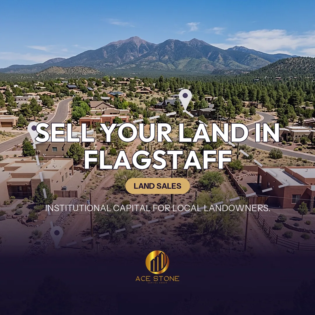 Editorial cover for AceStone Capital Group's land acquisition pathway in Flagstaff, Arizona, showing vacant residential land.