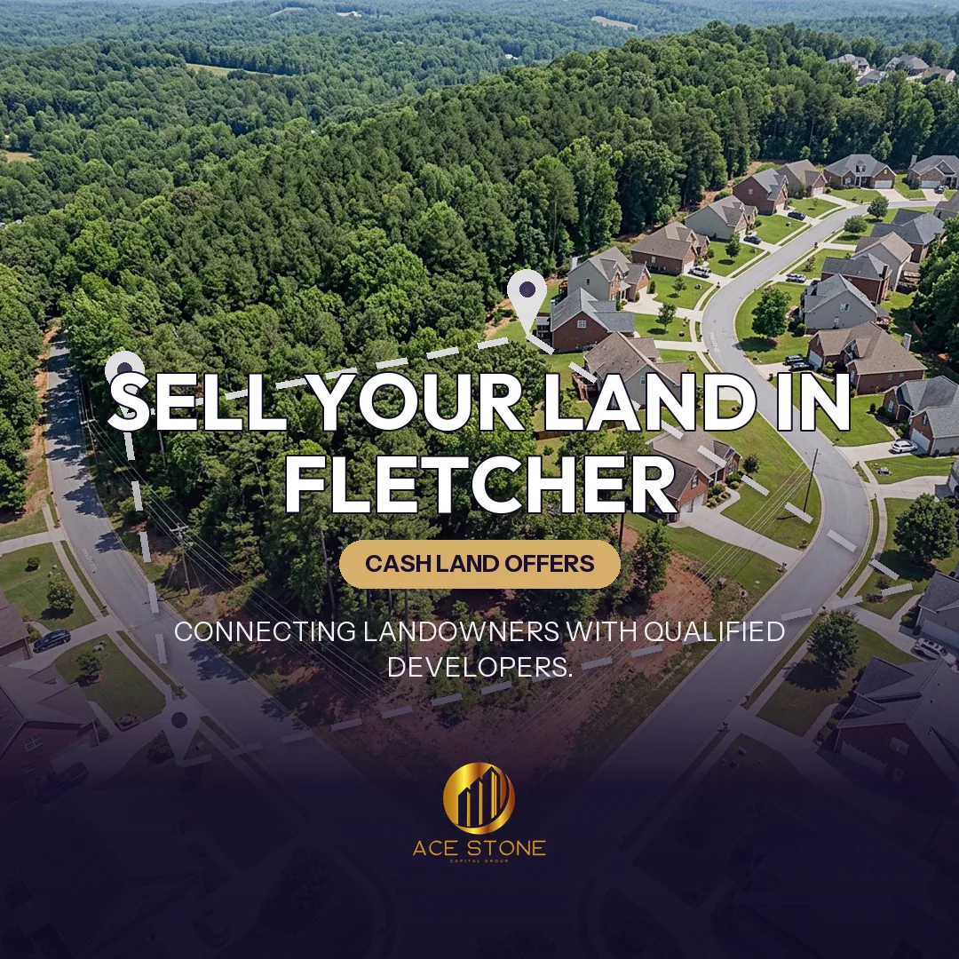 Editorial cover for AceStone Capital Group's land acquisition pathway in Fletcher, North Carolina, showing vacant residential land.