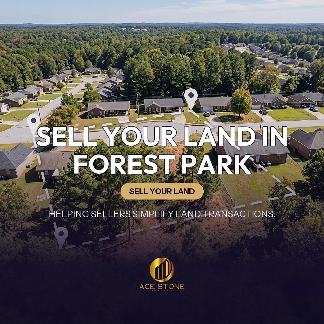 Editorial cover for AceStone Capital Group's land acquisition pathway in Forest Park, Georgia, showing vacant residential land.