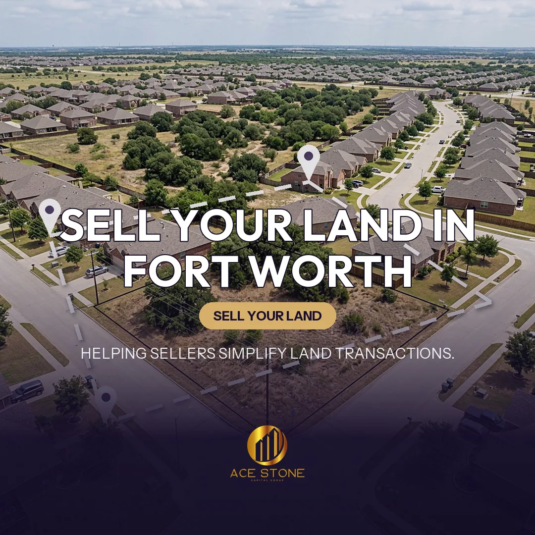 Editorial cover for AceStone Capital Group's land acquisition pathway in Fort Worth, Texas, showing vacant residential land.