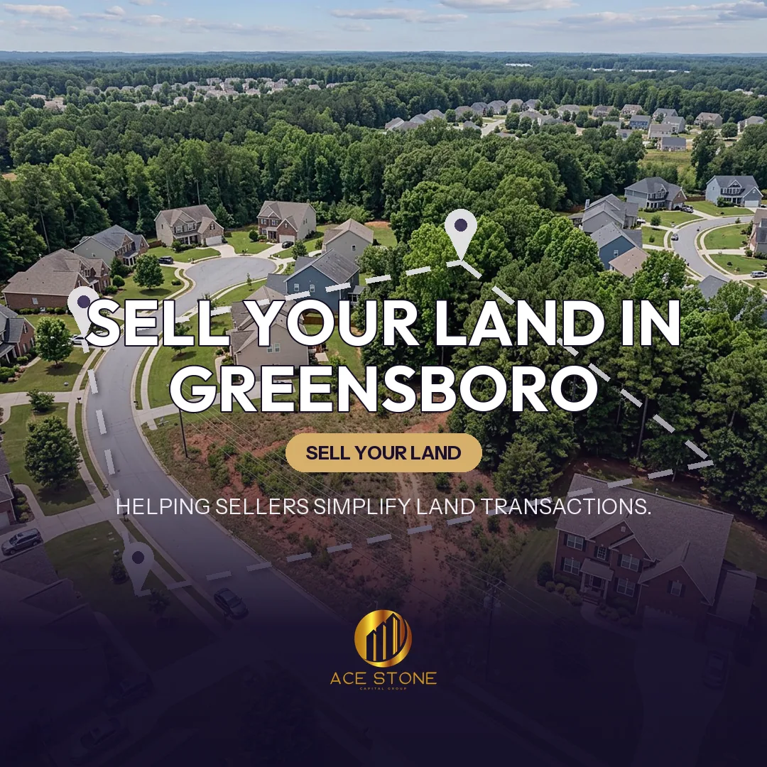 Editorial cover for AceStone Capital Group's land acquisition pathway in Greensboro, North Carolina, showing vacant residential land.