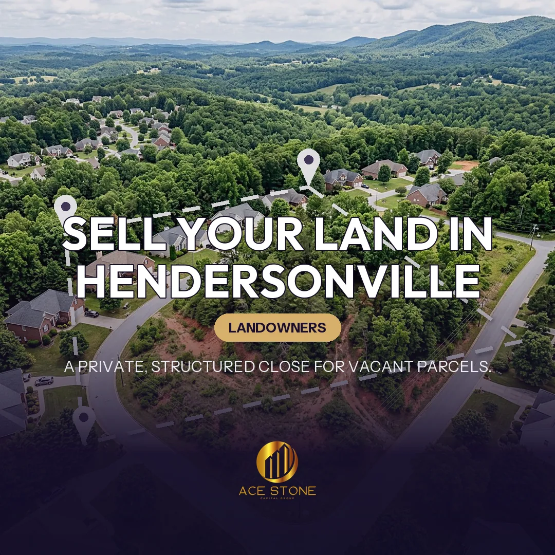 Editorial cover for AceStone Capital Group's land acquisition pathway in Hendersonville, North Carolina, showing vacant residential land.