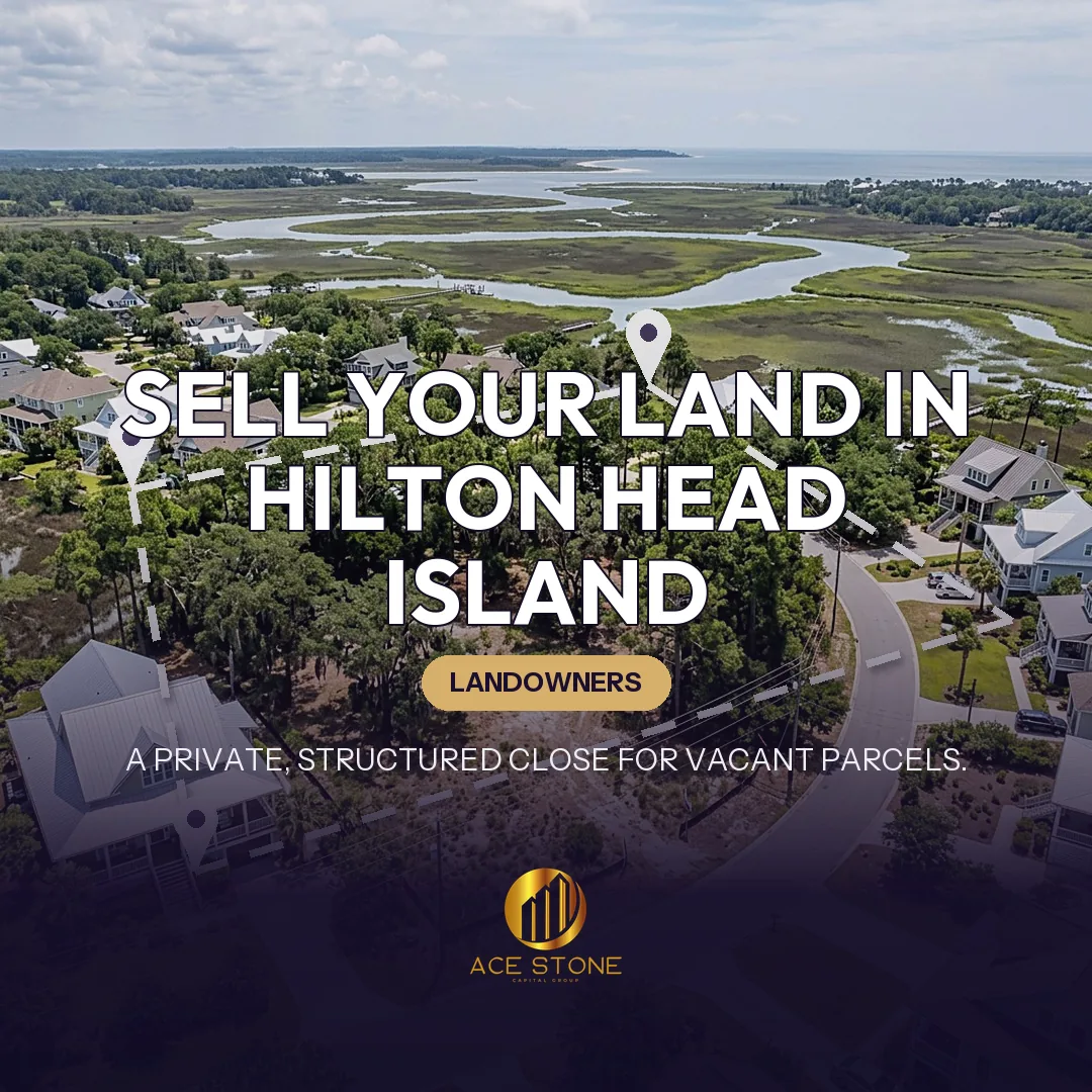 Editorial cover for AceStone Capital Group's land acquisition pathway in Hilton Head Island, South Carolina, showing vacant residential land.