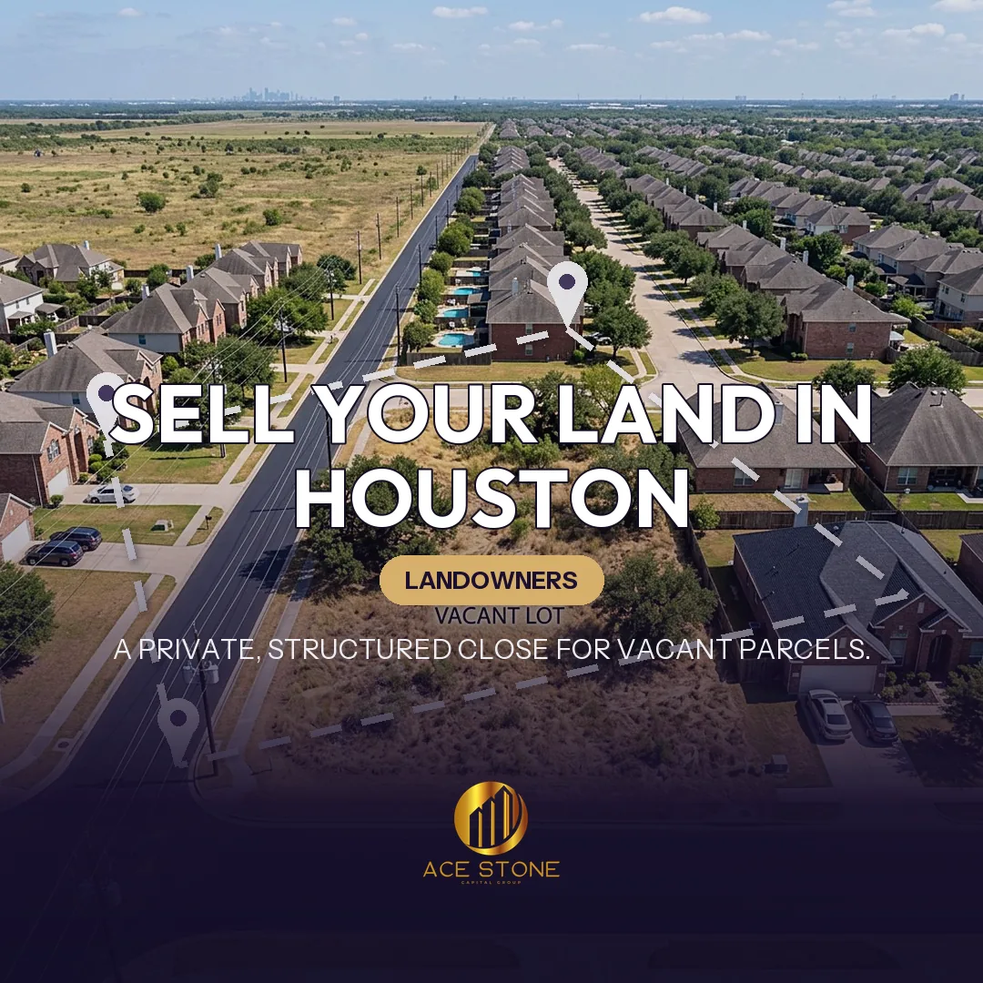 Editorial cover for AceStone Capital Group's land acquisition pathway in Houston, Texas, showing vacant residential land.