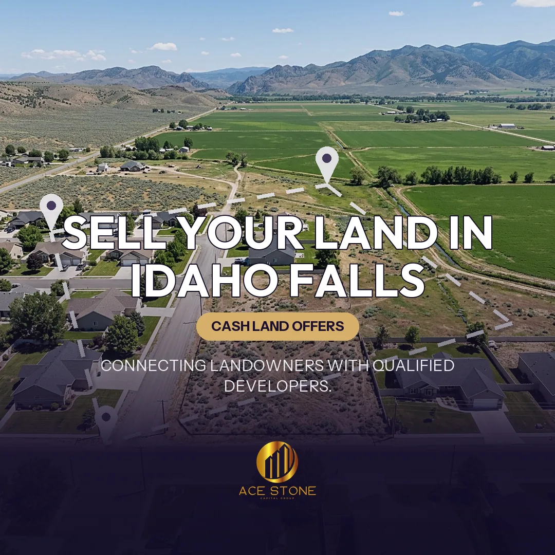 Editorial cover for AceStone Capital Group's land acquisition pathway in Idaho Falls, Idaho, showing vacant residential land.