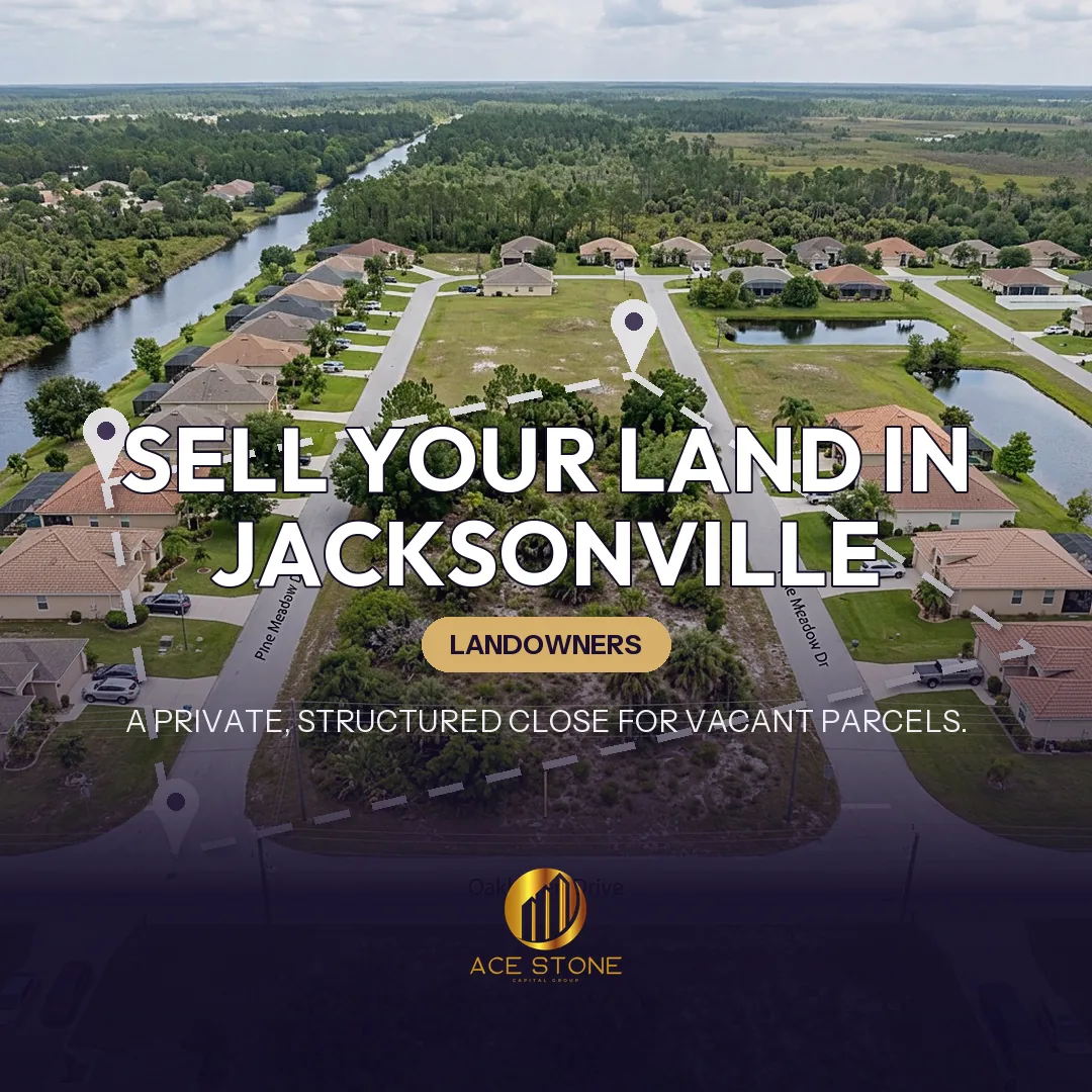 Editorial cover for AceStone Capital Group's land acquisition pathway in Jacksonville, Florida, showing vacant residential land.
