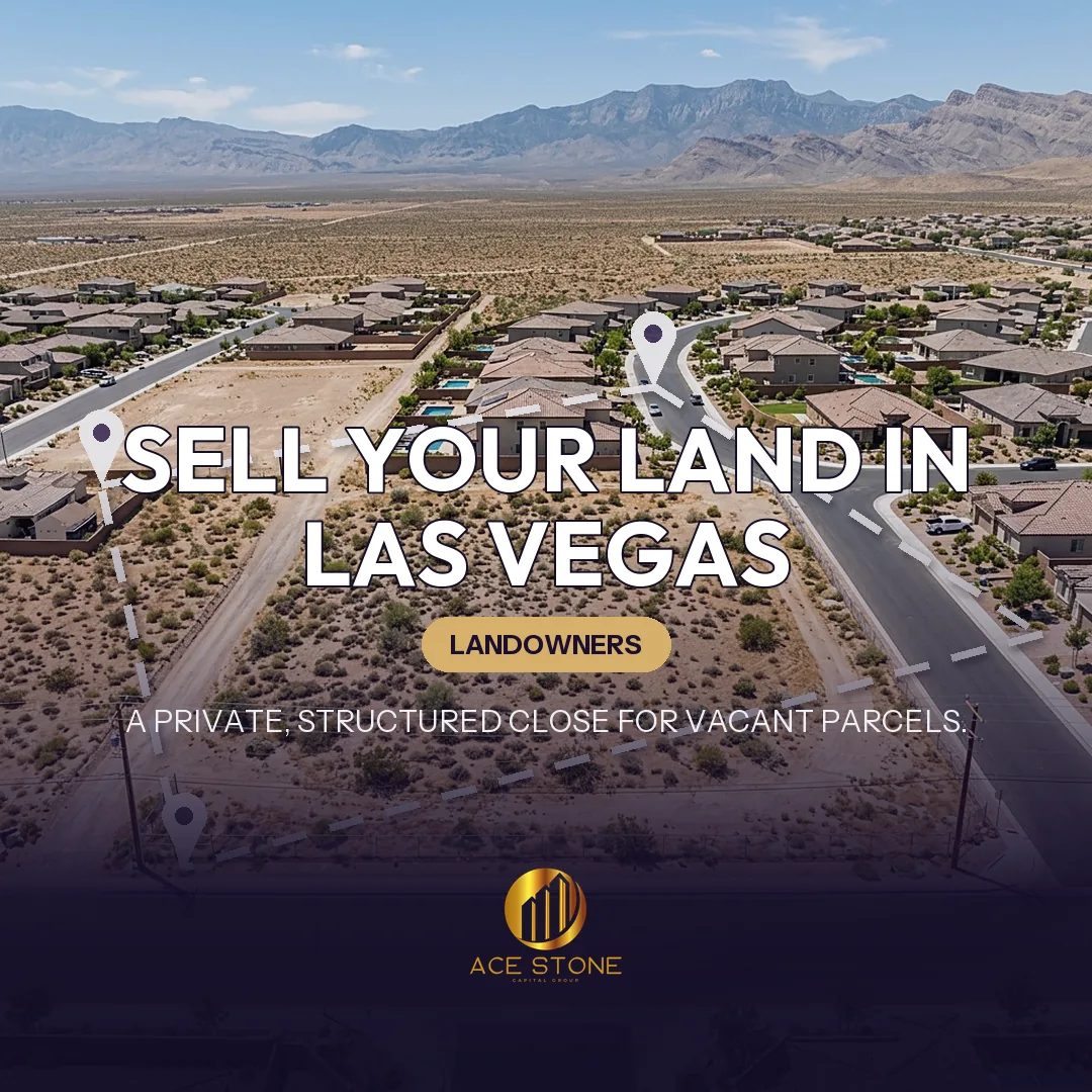 Editorial cover for AceStone Capital Group's land acquisition pathway in Las Vegas, Nevada, showing vacant residential land.