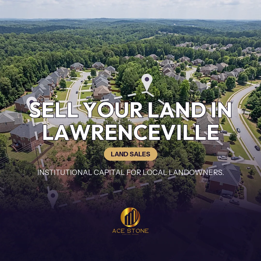 Editorial cover for AceStone Capital Group's land acquisition pathway in Lawrenceville, Georgia, showing vacant residential land.