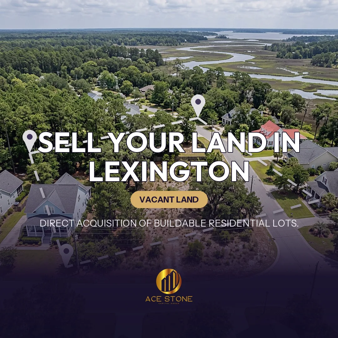 Editorial cover for AceStone Capital Group's land acquisition pathway in Lexington, South Carolina, showing vacant residential land.