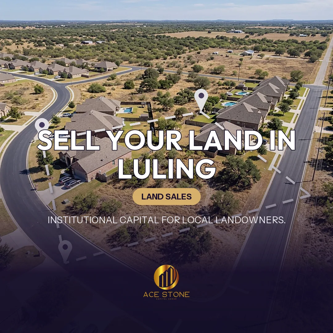 Editorial cover for AceStone Capital Group's land acquisition pathway in Luling, Texas, showing vacant residential land.