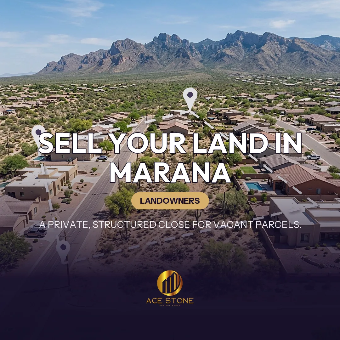 Editorial cover for AceStone Capital Group's land acquisition pathway in Marana, Arizona, showing vacant residential land.