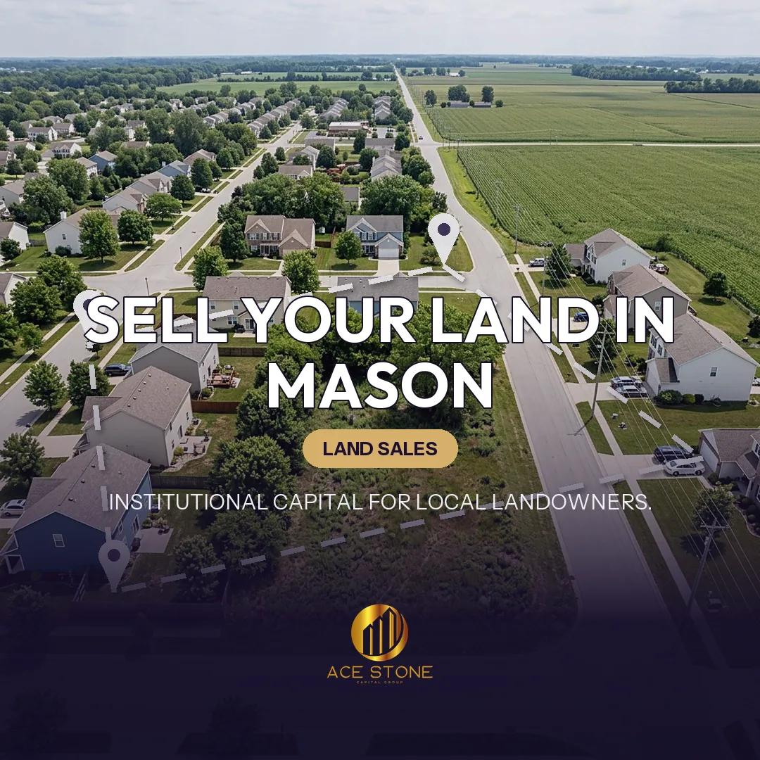 Editorial cover for AceStone Capital Group's land acquisition pathway in Mason, Ohio, showing vacant residential land.