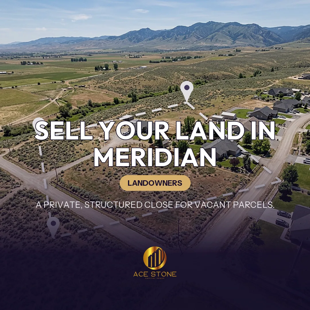 Editorial cover for AceStone Capital Group's land acquisition pathway in Meridian, Idaho, showing vacant residential land.