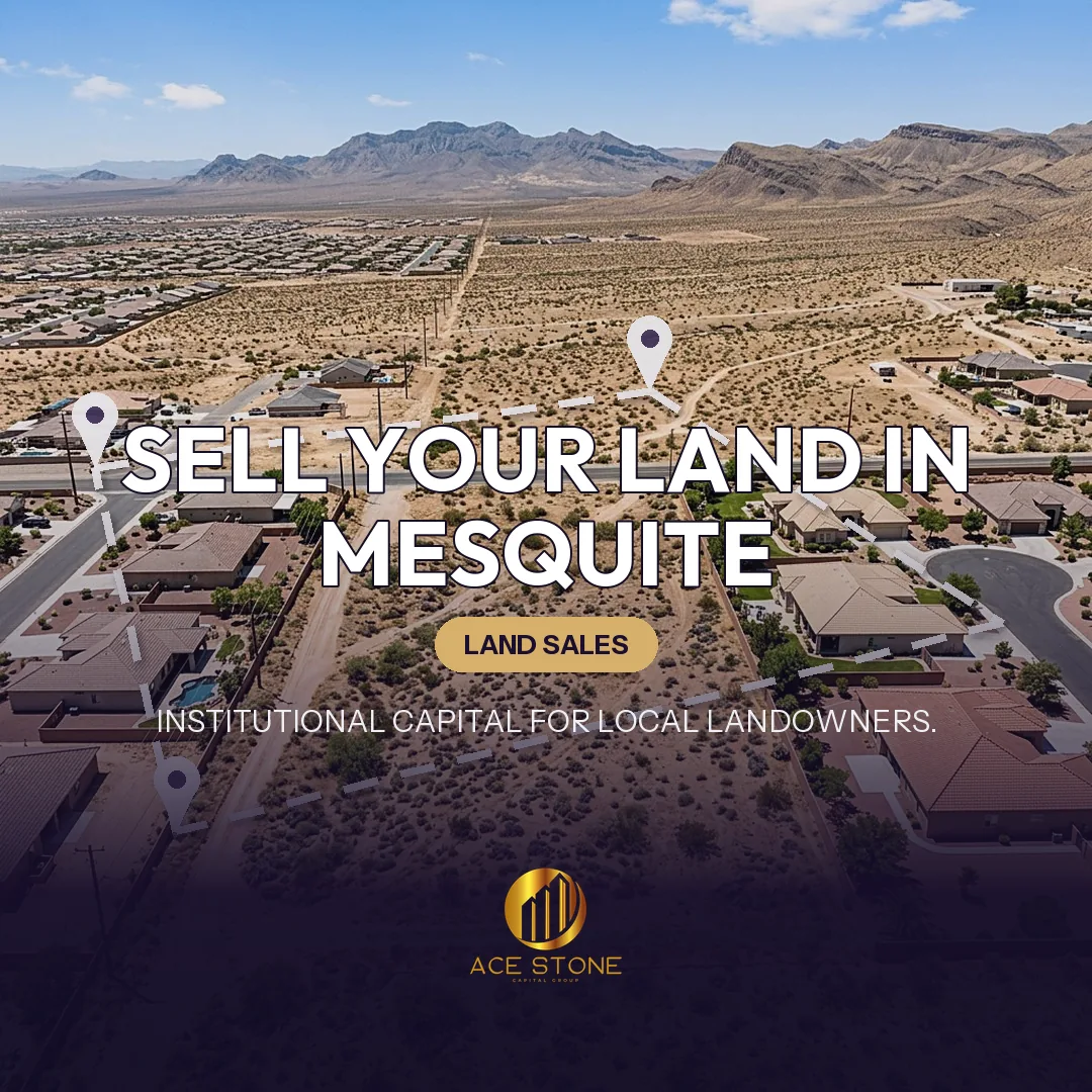 Editorial cover for AceStone Capital Group's land acquisition pathway in Mesquite, Nevada, showing vacant residential land.