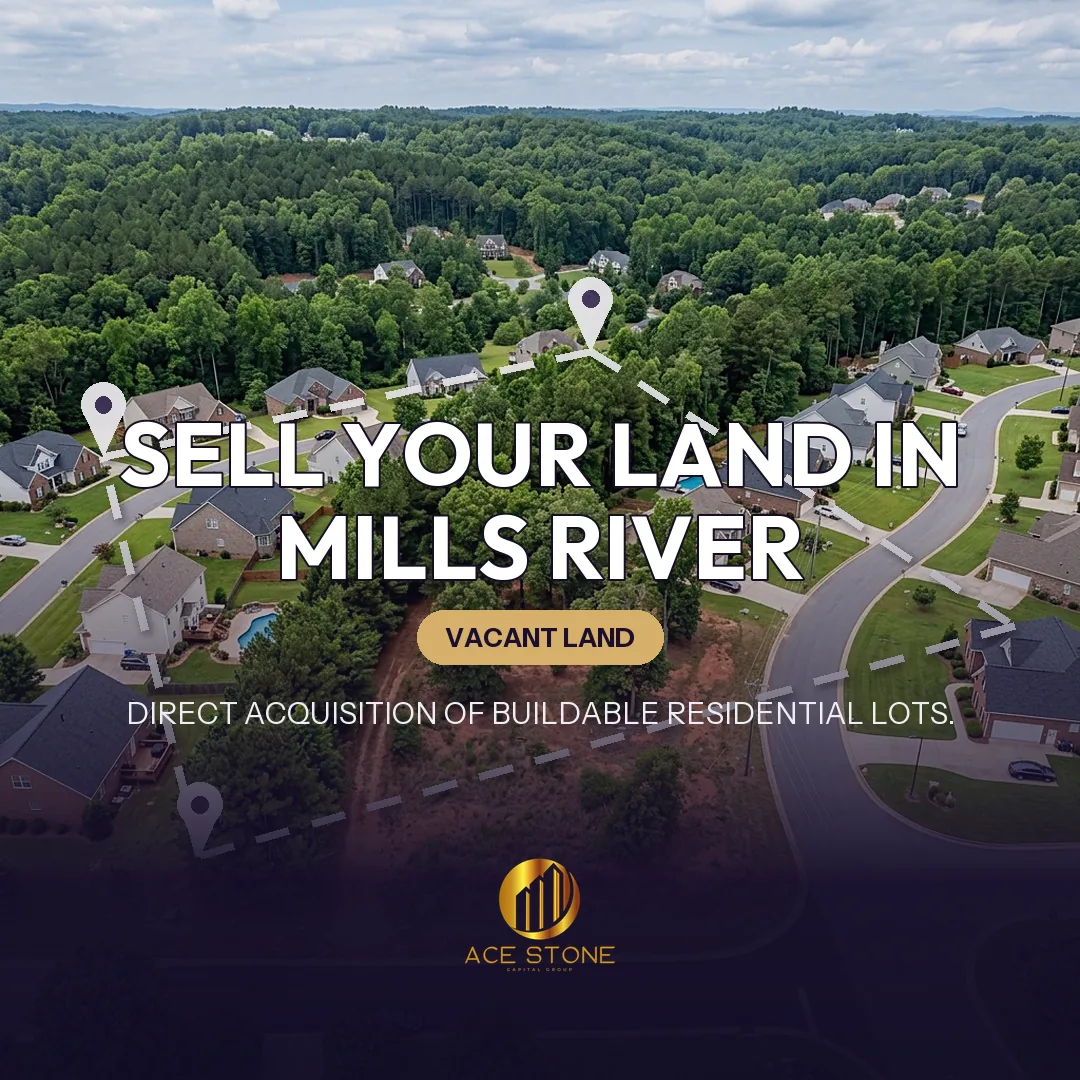 Editorial cover for AceStone Capital Group's land acquisition pathway in Mills River, North Carolina, showing vacant residential land.