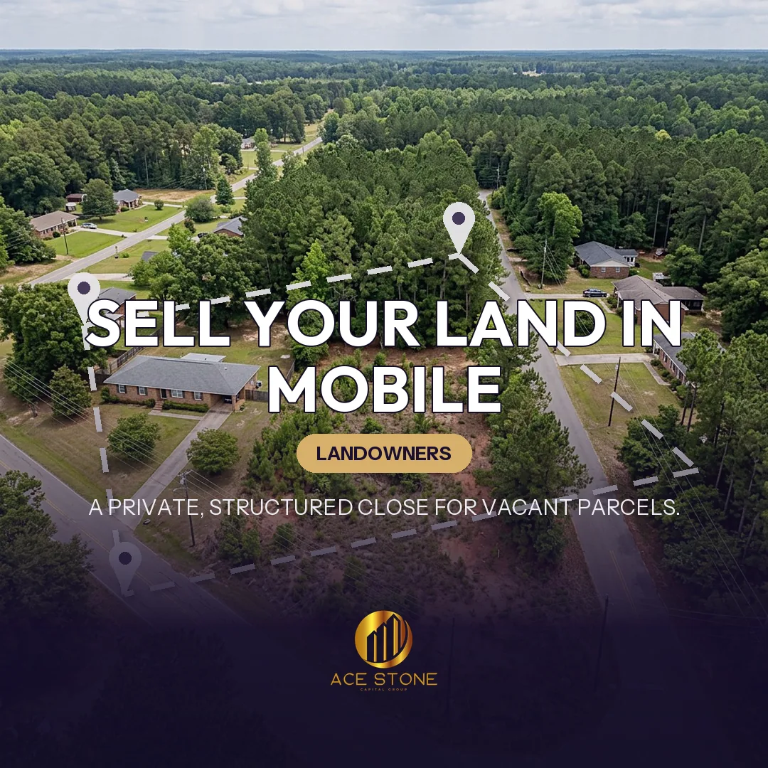 Editorial cover for AceStone Capital Group's land acquisition pathway in Mobile, Alabama, showing vacant residential land.