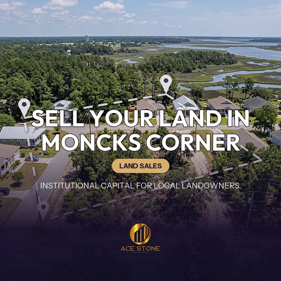 Editorial cover for AceStone Capital Group's land acquisition pathway in Moncks Corner, South Carolina, showing vacant residential land.