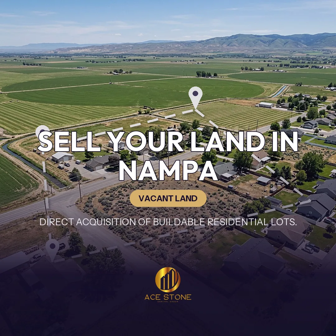 Editorial cover for AceStone Capital Group's land acquisition pathway in Nampa, Idaho, showing vacant residential land.