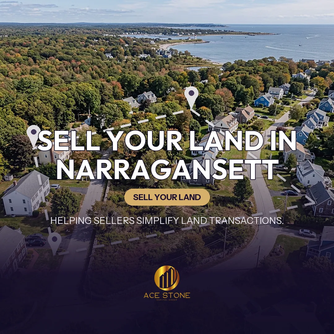 Editorial cover for AceStone Capital Group's land acquisition pathway in Narragansett, Rhode Island, showing vacant residential land.