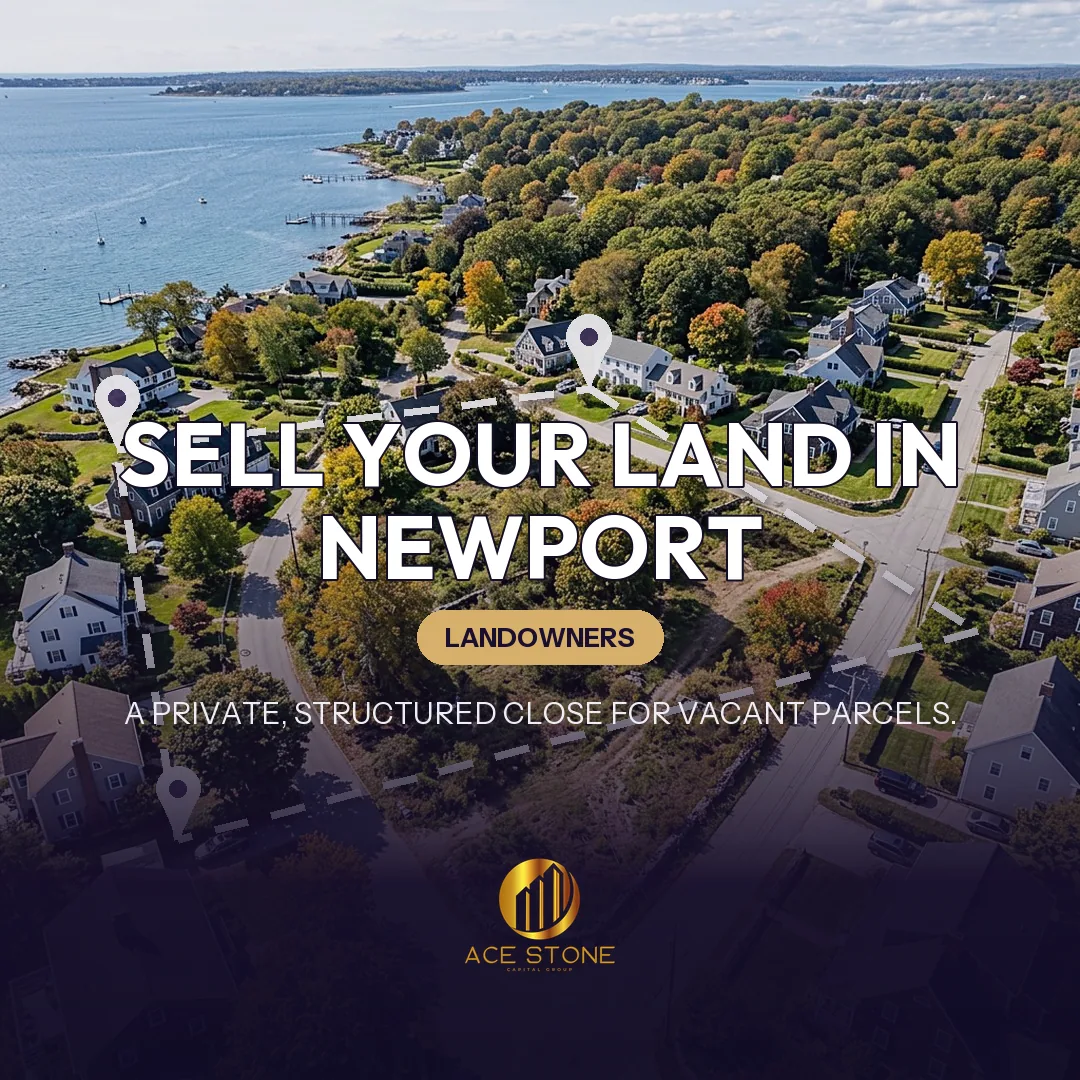 Editorial cover for AceStone Capital Group's land acquisition pathway in Newport, Rhode Island, showing vacant residential land.