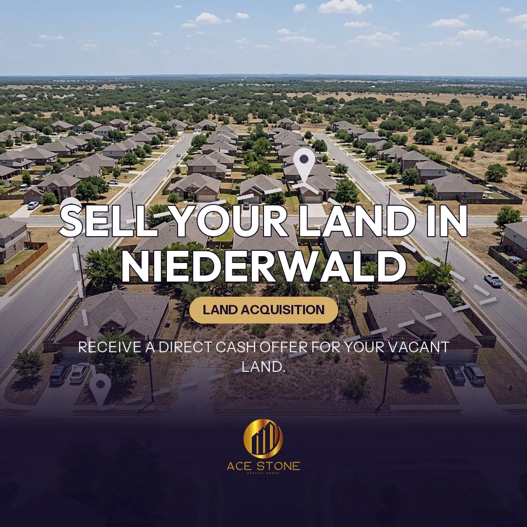 Editorial cover for AceStone Capital Group's land acquisition pathway in Niederwald, Texas, showing vacant residential land.