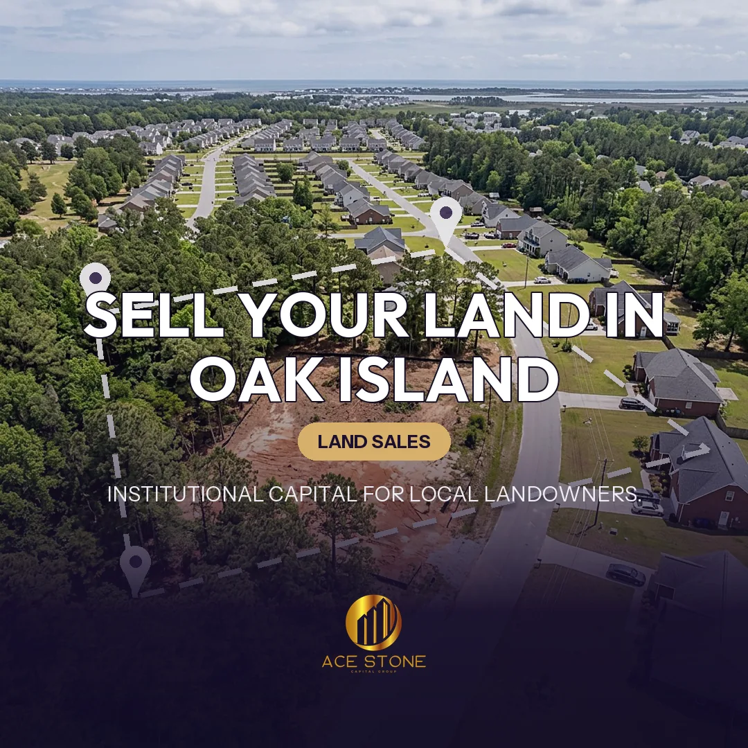 Editorial cover for AceStone Capital Group's land acquisition pathway in Oak Island, North Carolina, showing vacant residential land.