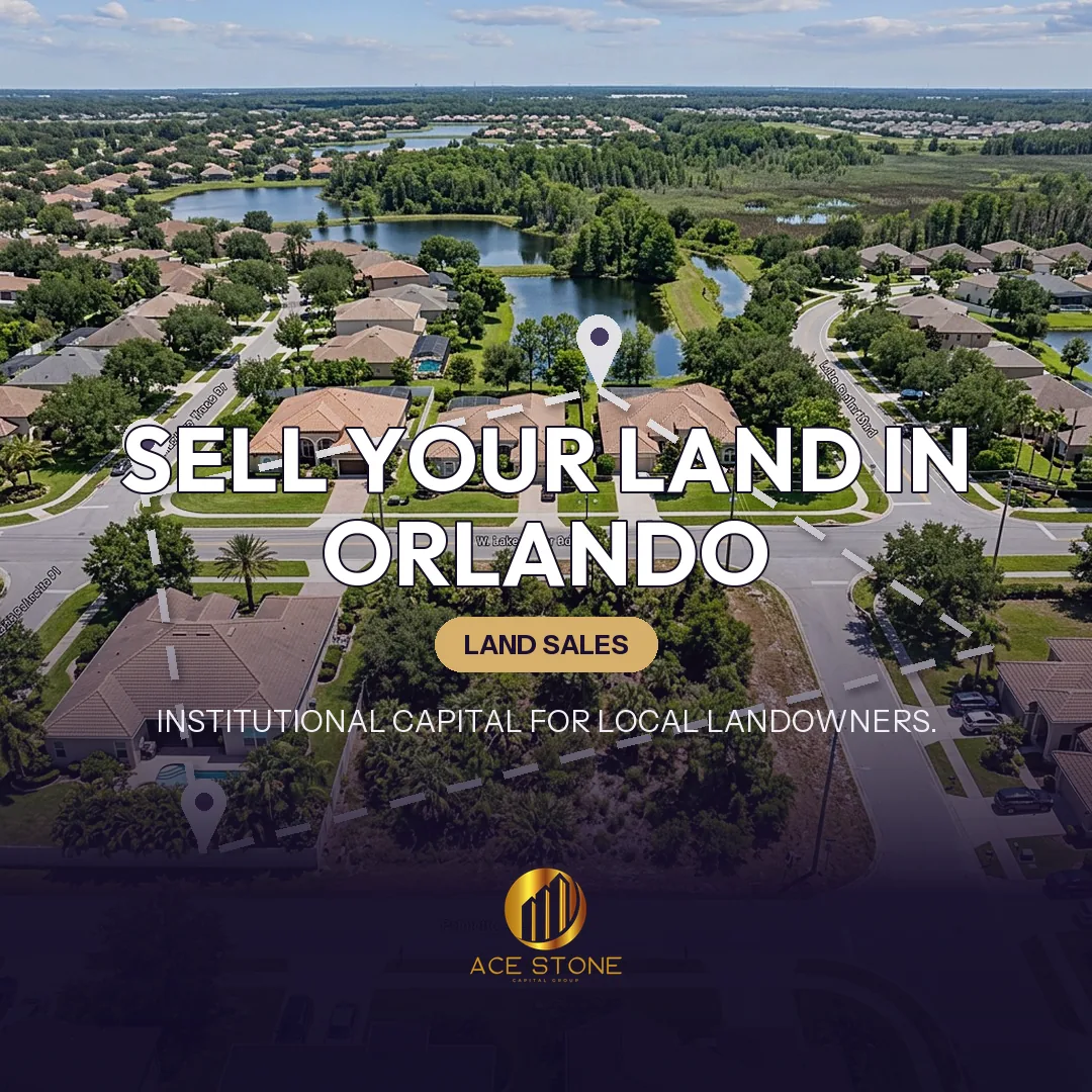 Editorial cover for AceStone Capital Group's land acquisition pathway in Orlando, Florida, showing vacant residential land.