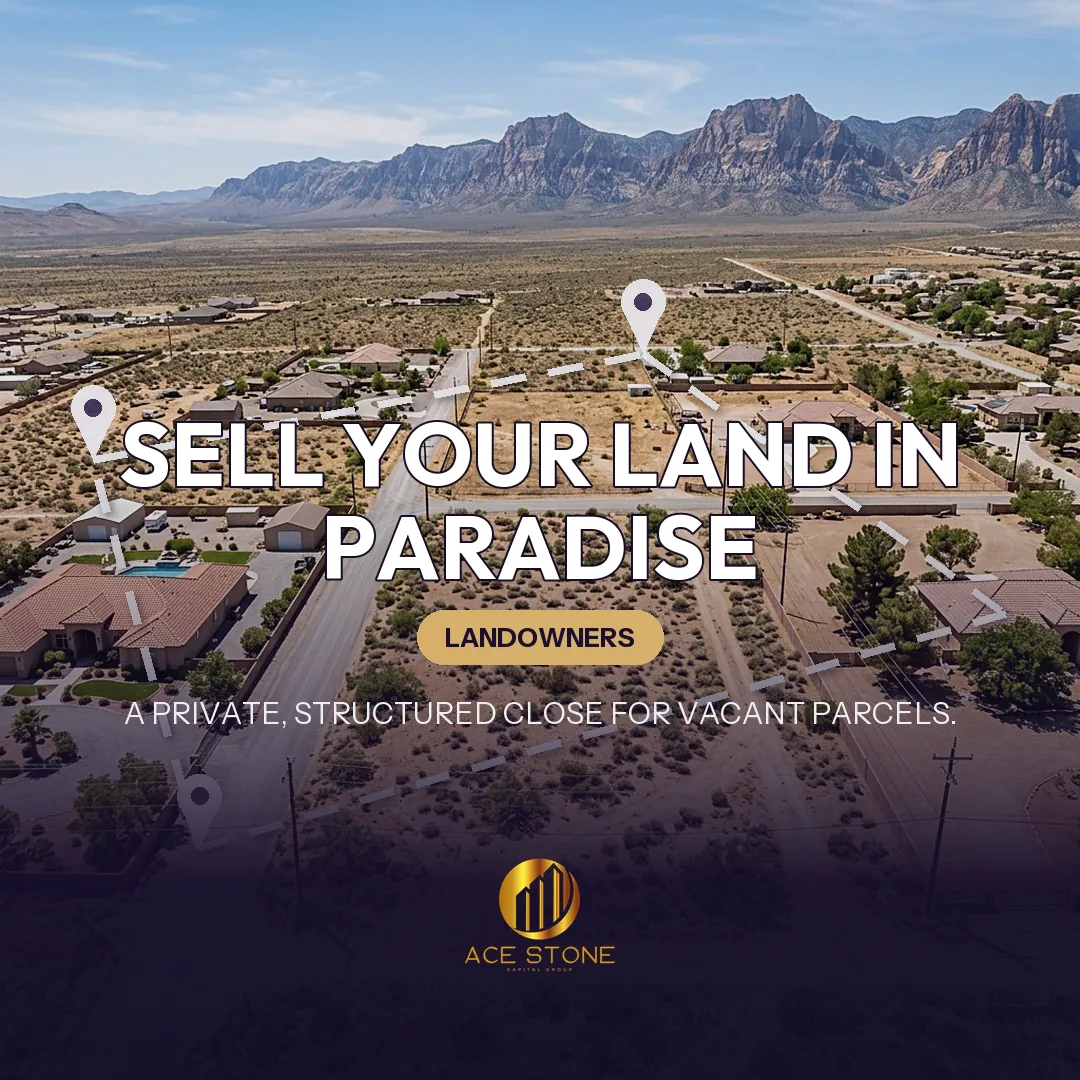 Editorial cover for AceStone Capital Group's land acquisition pathway in Paradise, Nevada, showing vacant residential land.