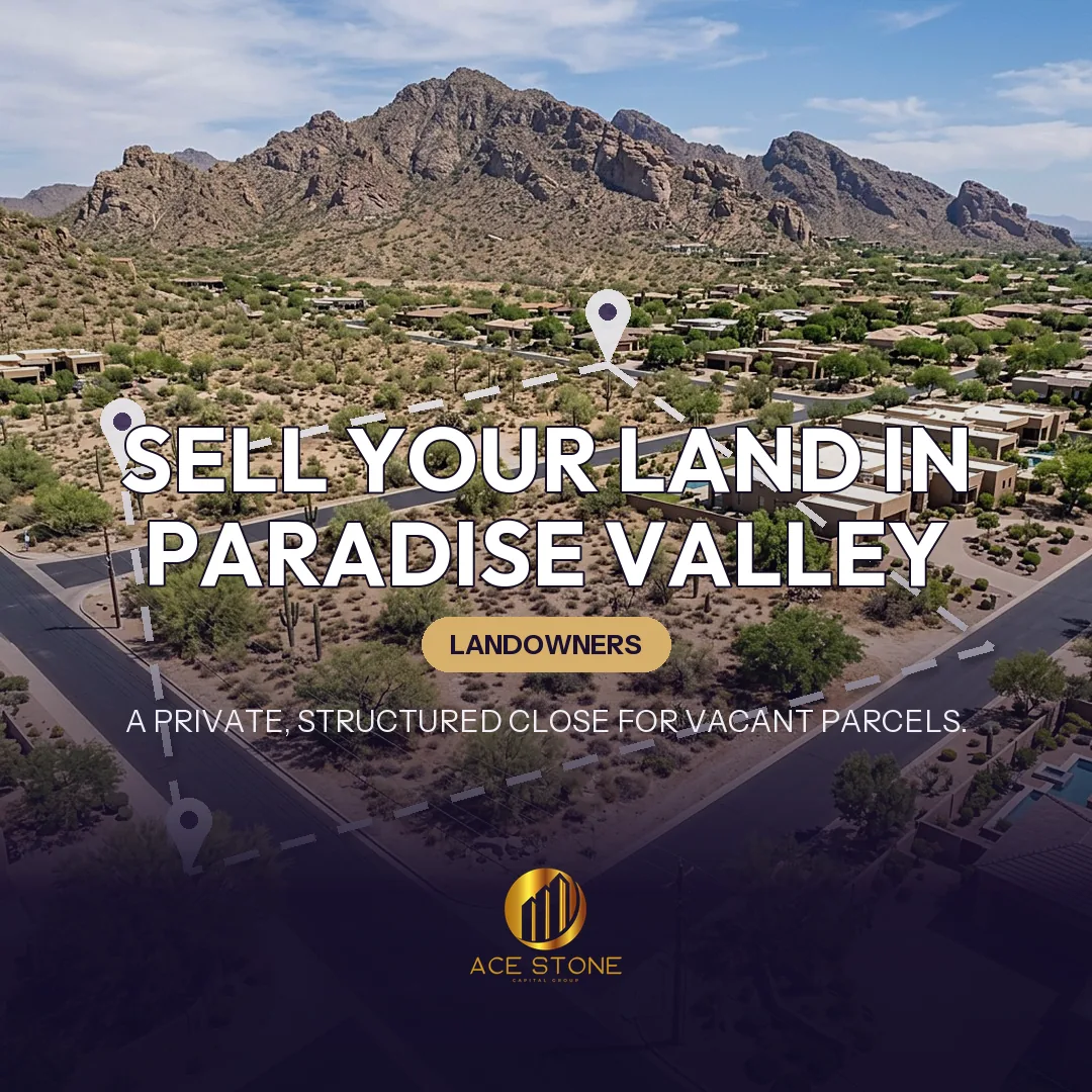 Editorial cover for AceStone Capital Group's land acquisition pathway in Paradise Valley, Arizona, showing vacant residential land.