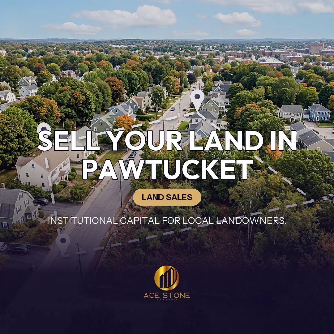 Editorial cover for AceStone Capital Group's land acquisition pathway in Pawtucket, Rhode Island, showing vacant residential land.