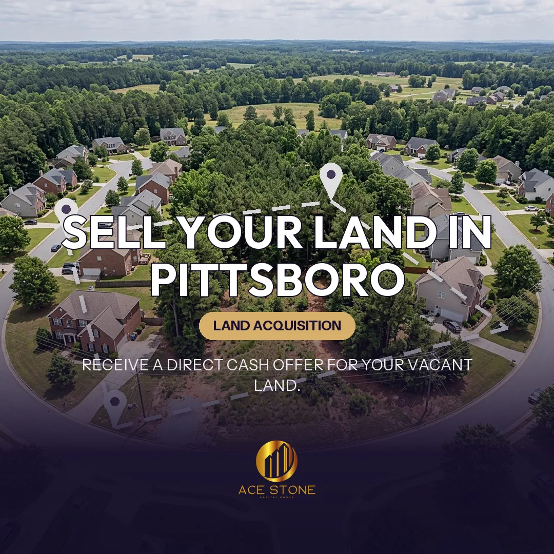 Editorial cover for AceStone Capital Group's land acquisition pathway in Pittsboro, North Carolina, showing vacant residential land.