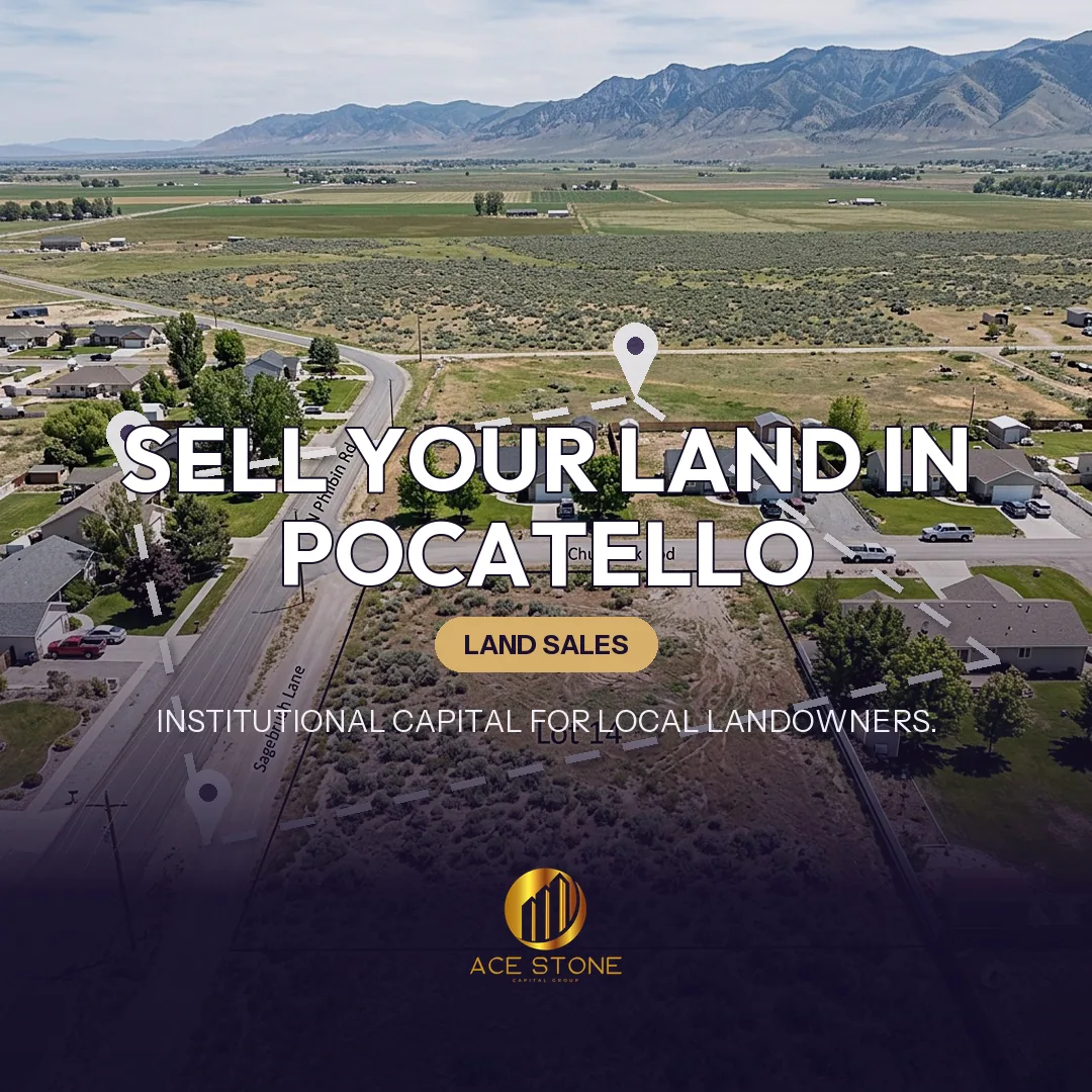 Editorial cover for AceStone Capital Group's land acquisition pathway in Pocatello, Idaho, showing vacant residential land.